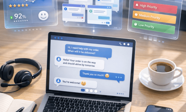 AI chatbot interface on laptop showing automated customer service conversations with holographic analytics dashboards