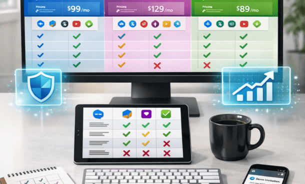AI customer service software comparison dashboard showing multiple platforms with features, pricing, and integration options