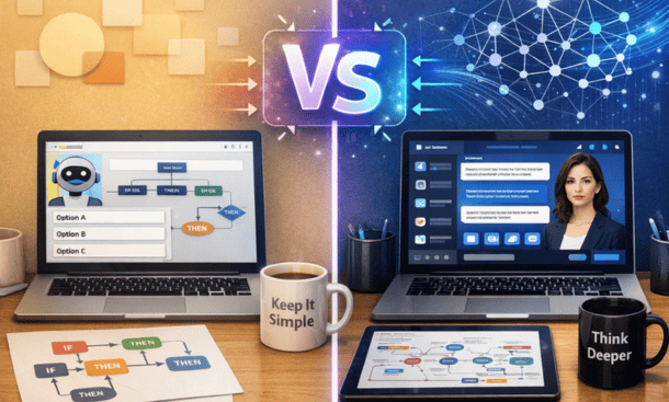 Side-by-side comparison of rule-based chatbots versus AI agents showing interface differences and capabilities