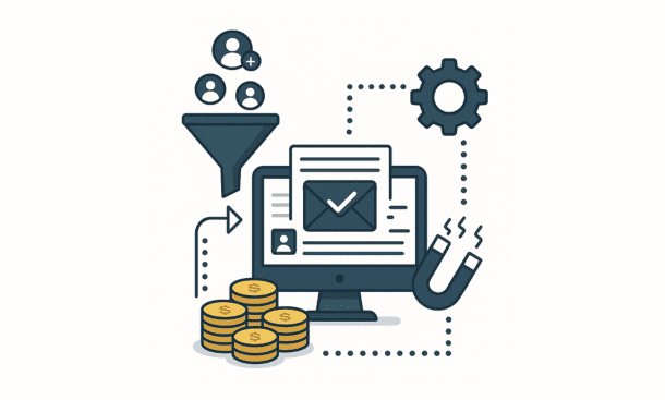 Diagram showing lead generation automation with forms, AI tools, CRM, and automated follow-ups.