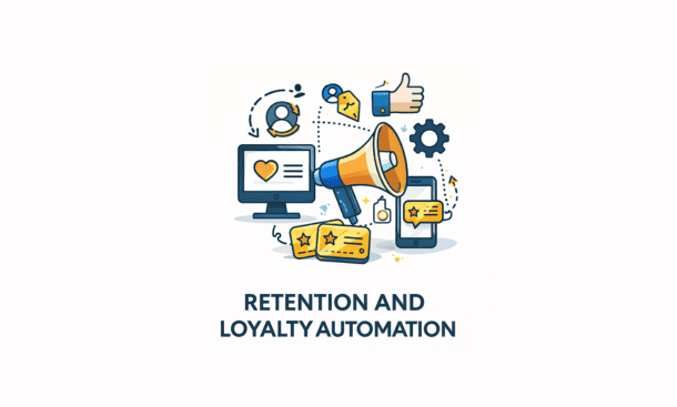 Diagram showing retention and loyalty automation with customer journeys, engagement triggers, and automated rewards.