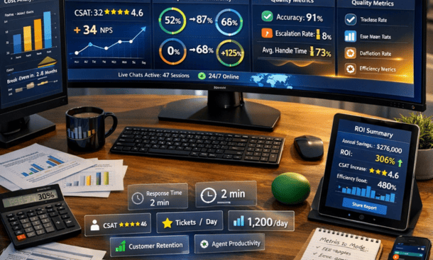 Customer service automation ROI dashboard showing 306% return, cost savings from $45k to $22k monthly, and performance metrics