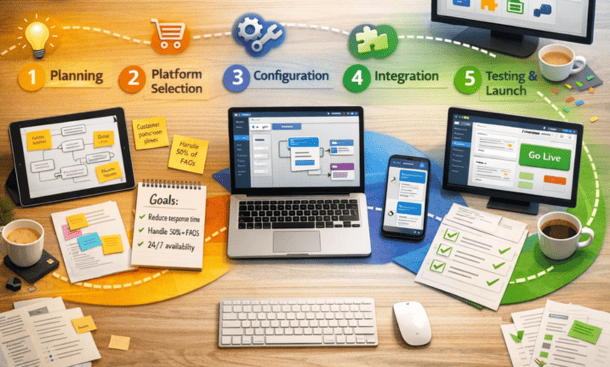 Step-by-step chatbot setup workflow showing planning, platform selection, configuration, integration, and launch stages