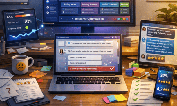 AI agent training process showing untrained chatbot errors transforming into accurate customer support through systematic training