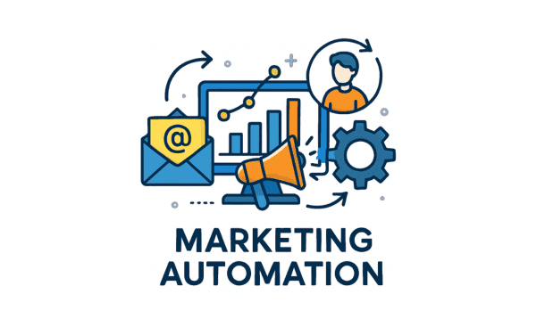 Illustration explaining the basics of marketing automation, showing simple workflows, connected tools, and automated customer journeys.