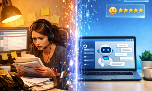 Before and after comparison showing traditional customer service desk versus modern AI chatbot automation workspace