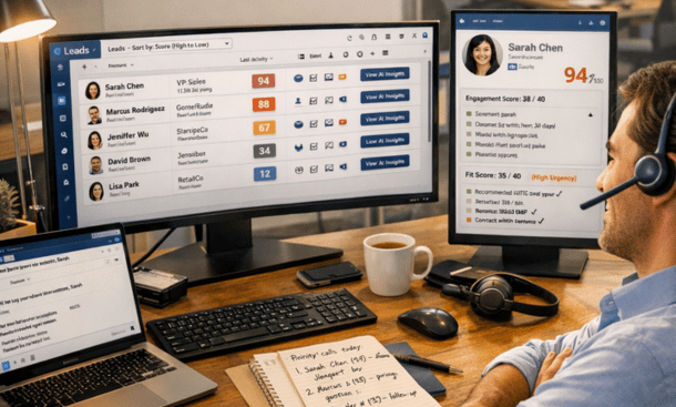 AI lead scoring and qualification dashboard showing customer engagement and fit scores