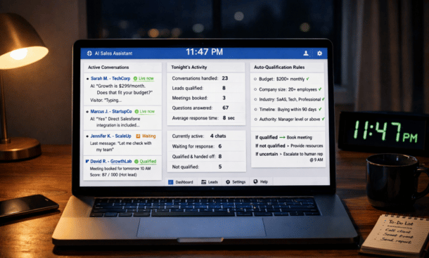 AI sales assistant dashboard showing automated lead qualification conversations happening at night with multiple chats, meeting bookings, and qualification scores