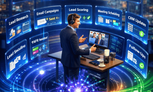 Holographic interface showing how AI sales automation multiplies revenue through parallel prospect research, email outreach, and lead scoring