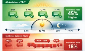 24 hour sales engagement timeline showing AI assistant responding to prospects day and night compared to traditional business hours with missed opportunities and lower conversion rates in 2026
