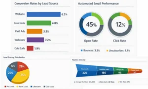 AI sales dashboard displaying conversion rates by lead source, automated email performance metrics, lead scoring distribution, and pipeline velocity analytics