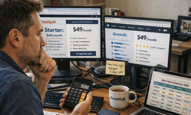 Small business owner comparing AI sales automation tools on multiple screens with pricing spreadsheet and handwritten notes evaluating options