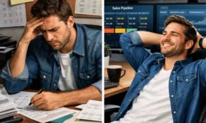 Split comparison showing stressed entrepreneur with manual spreadsheets versus relaxed entrepreneur using AI sales dashboards with automated workflows