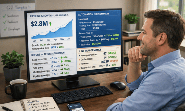 Sales manager reviewing automation metrics dashboard showing 2,155% ROI, 133% pipeline growth, and performance comparisons before versus after automation