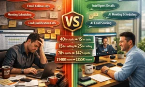 Comparison of traditional sales workflow versus AI-powered sales automation showing time savings, reduced manual tasks, and increased selling time in 2026